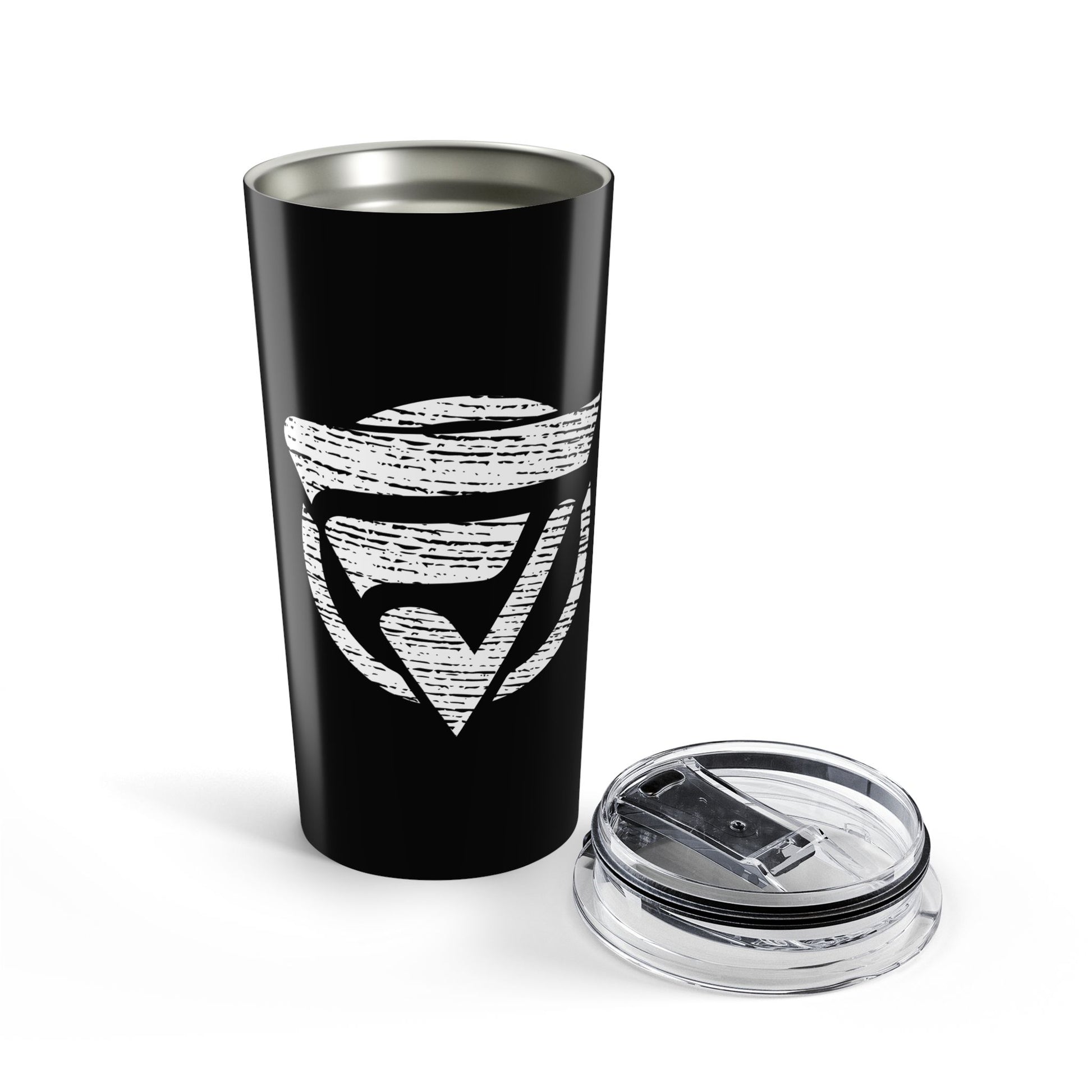 Black tumbler with a white logo on a white background