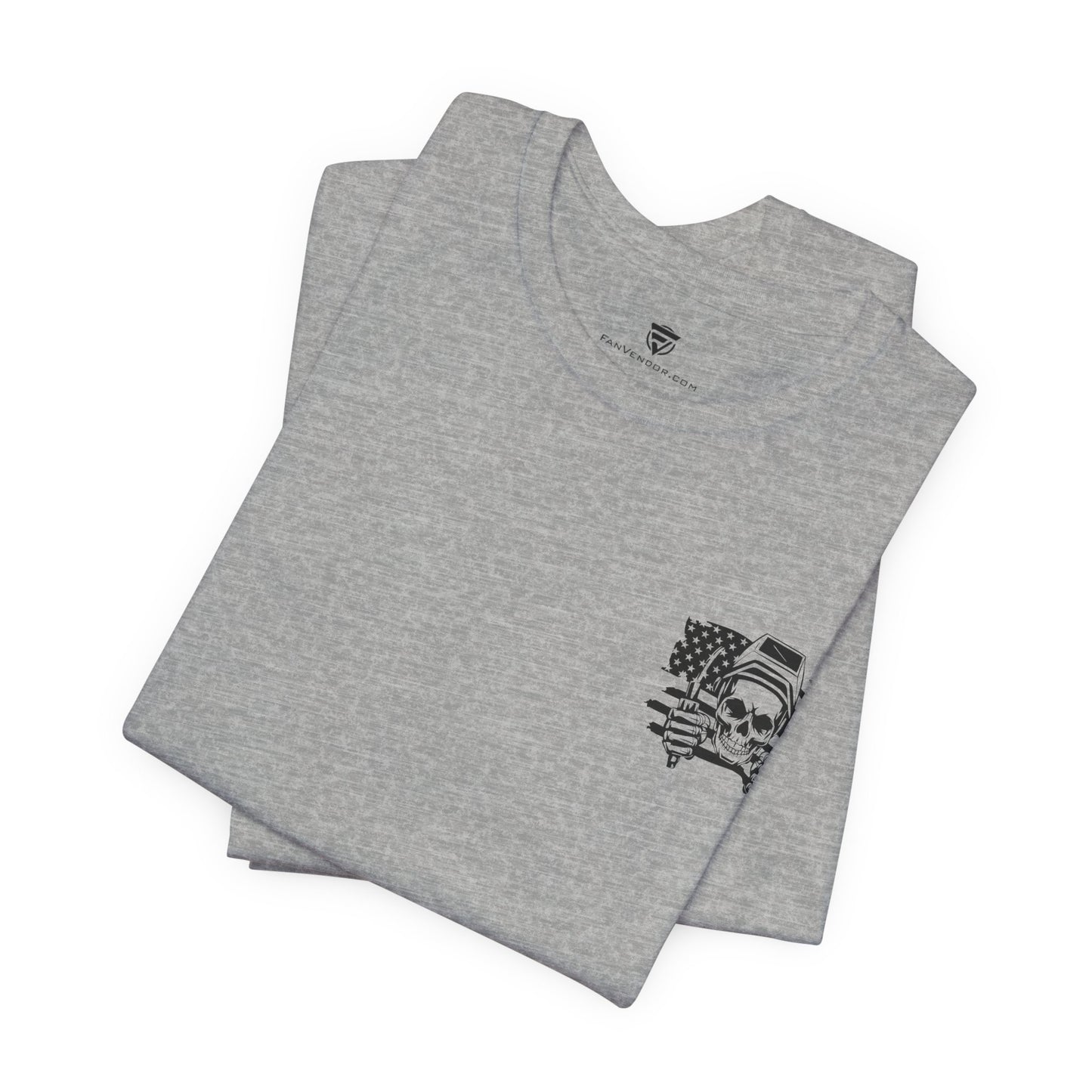 Folded gray t-shirt with a graphic design on a white background