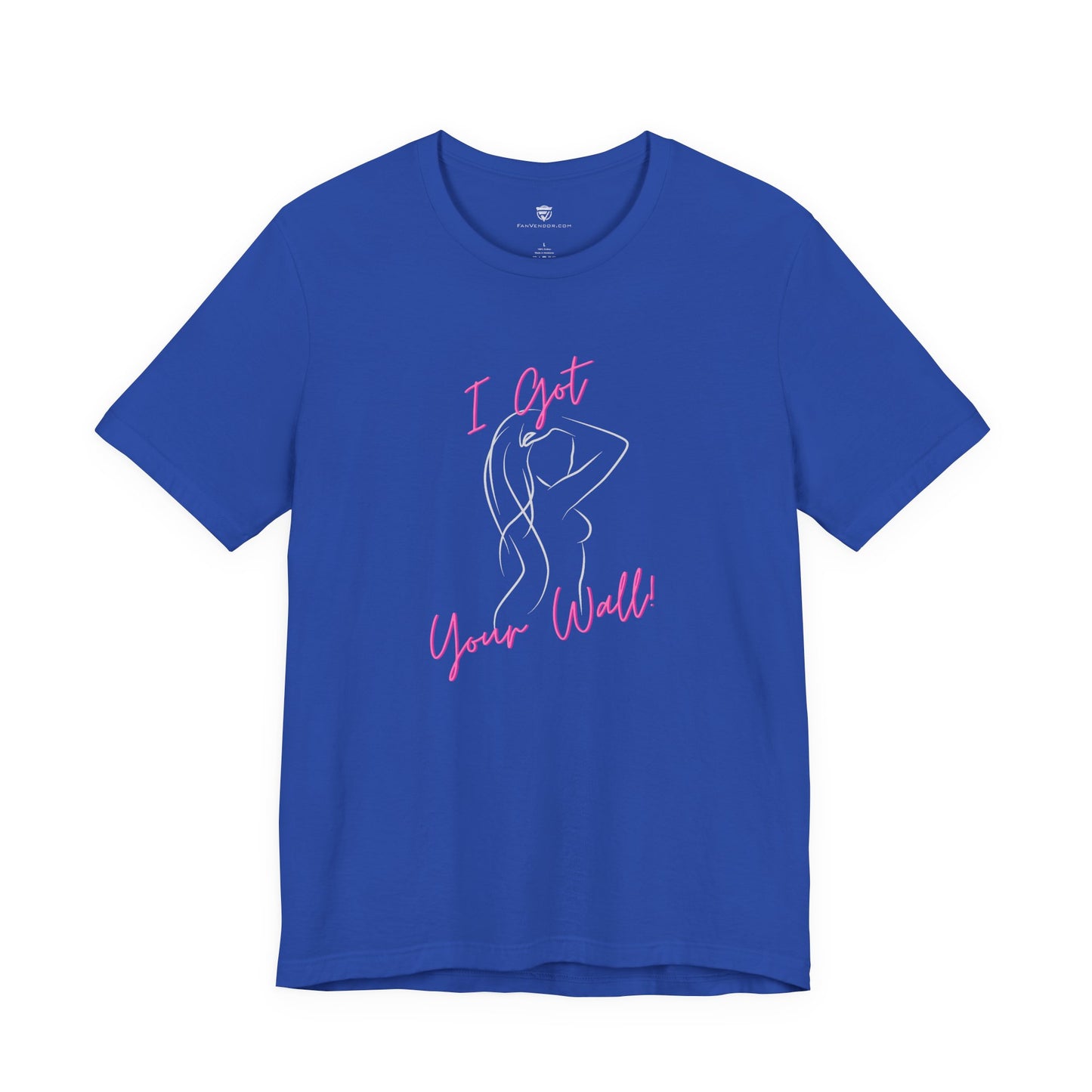 Blue t-shirt with pink graphic and text on a white background