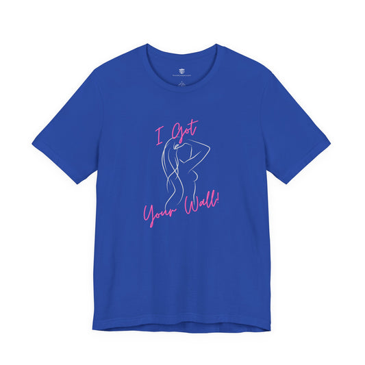 Blue t-shirt with pink graphic and text on a white background
