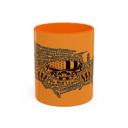 Orange mug with black text and design on a white background