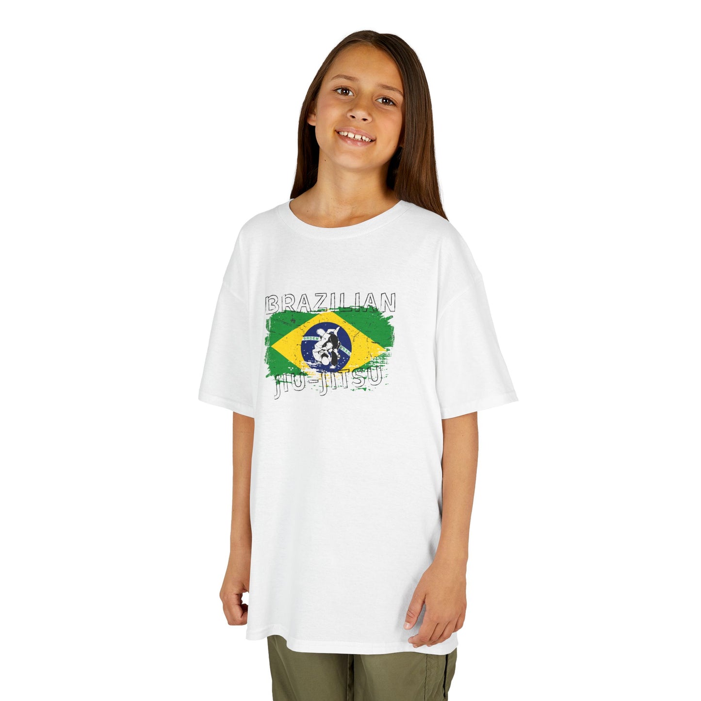 Young girl wearing a white t-shirt with Brazilian flag design and 'Brazilian Jiu-Jitsu' text on a white background