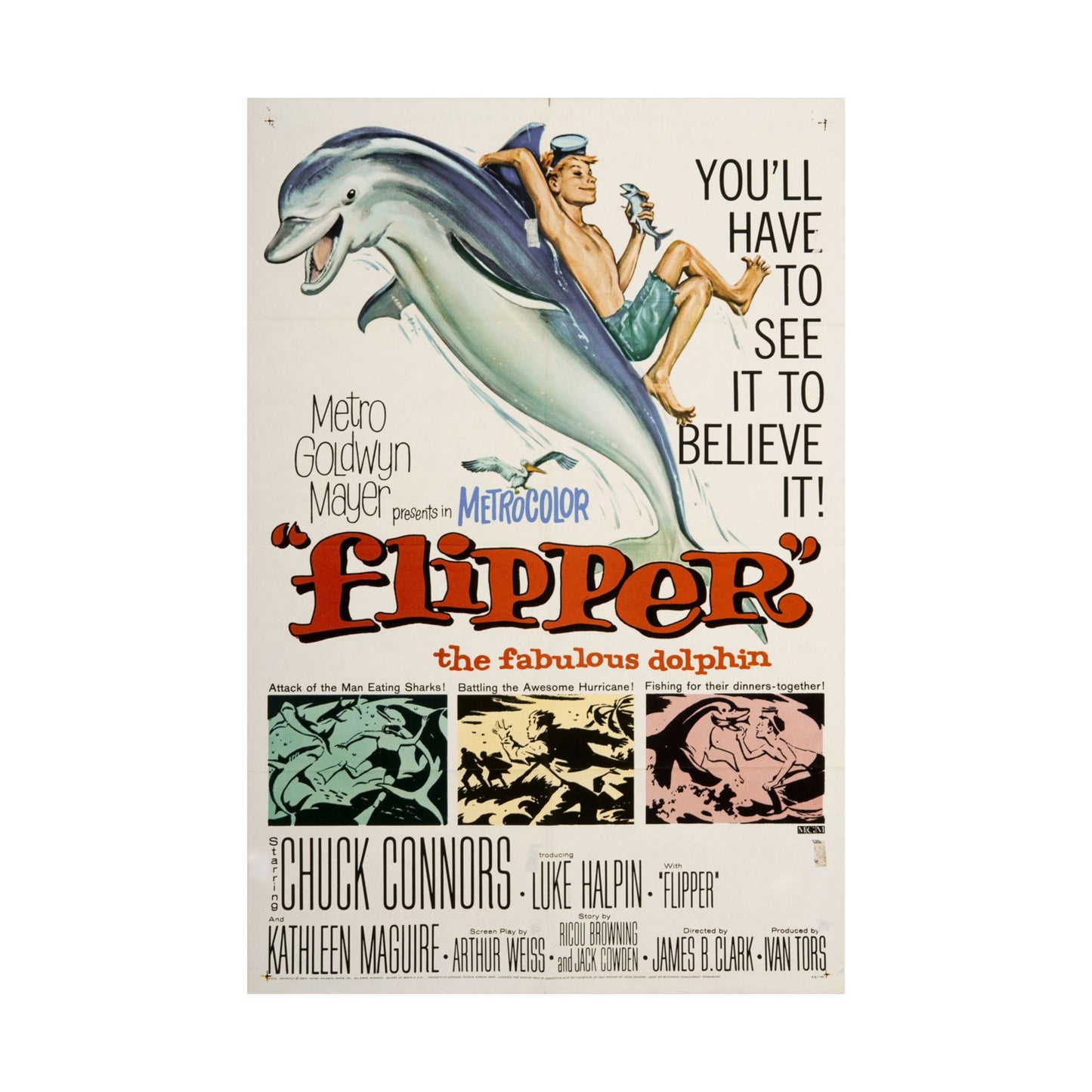Vintage movie poster for 'Flipper: The Fabulous Dolphin' featuring a man sitting on a dolphin.