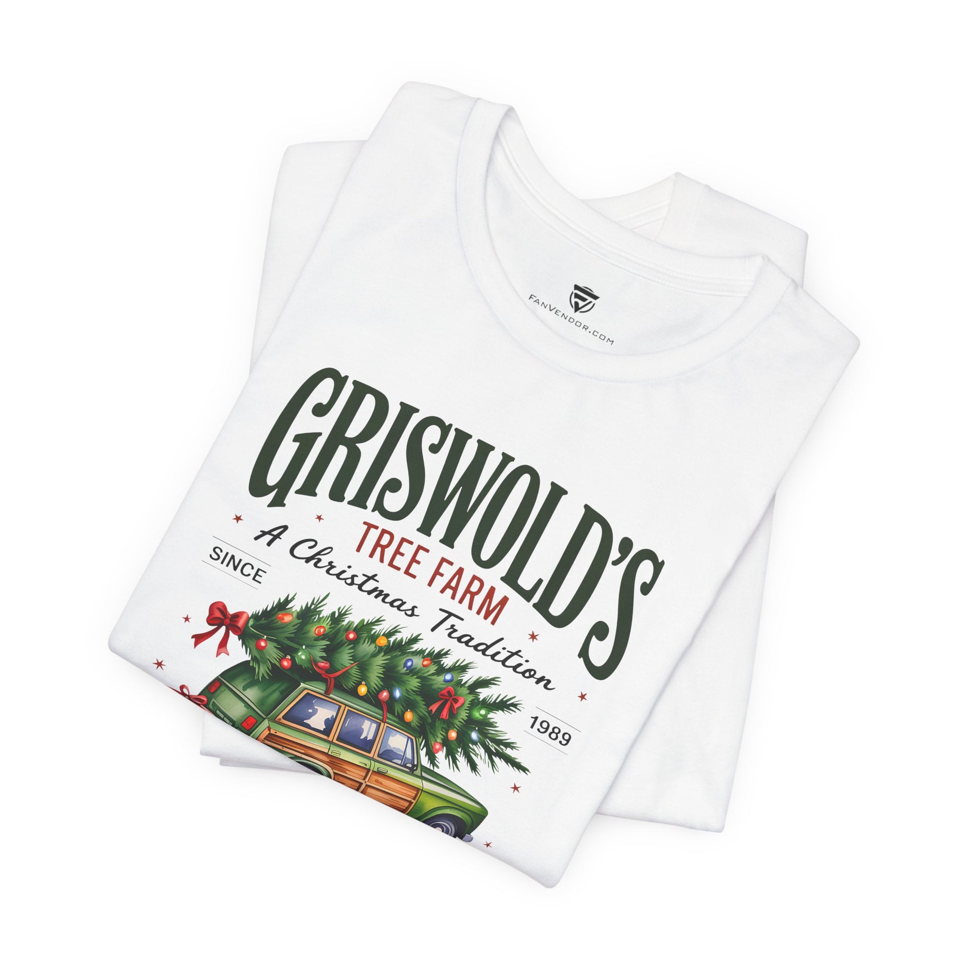 White t-shirt with 'Griswold's Tree Farm' design featuring a Christmas tree and car on a white background.