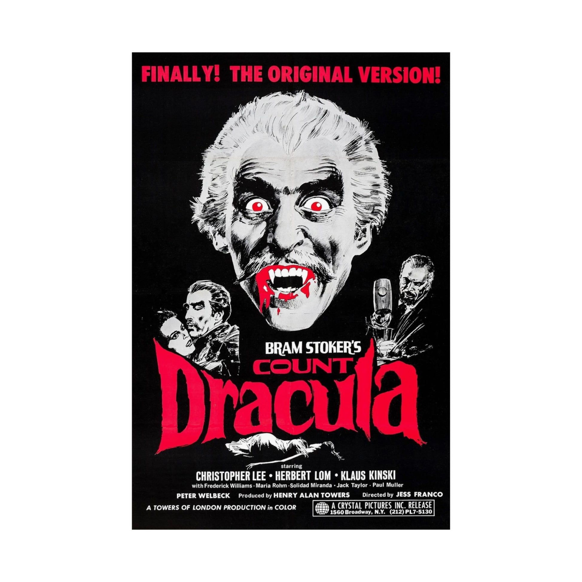 Vintage movie poster for 'Count Dracula' with a black background and red text.
