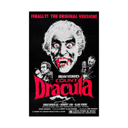 Vintage movie poster for 'Count Dracula' with a black background and red text.