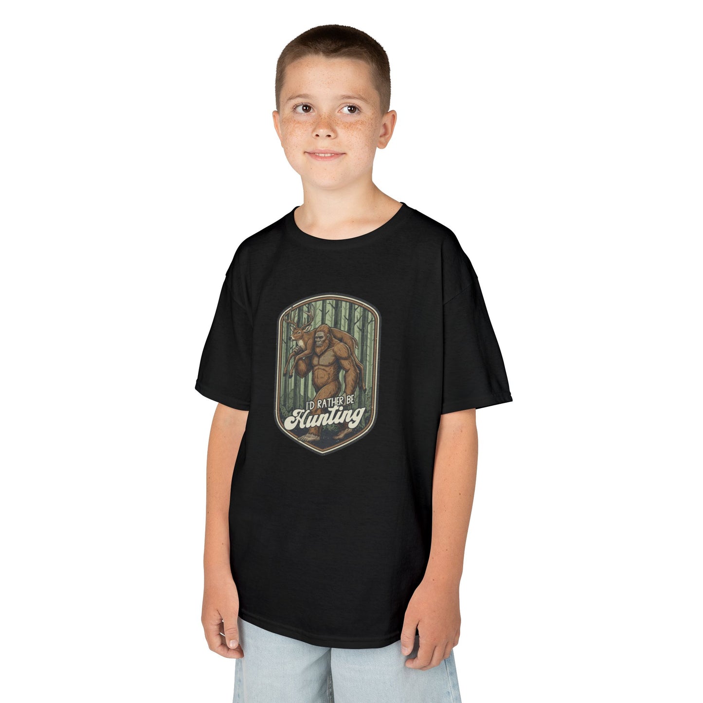 Child wearing a black t-shirt with a graphic design on a white background