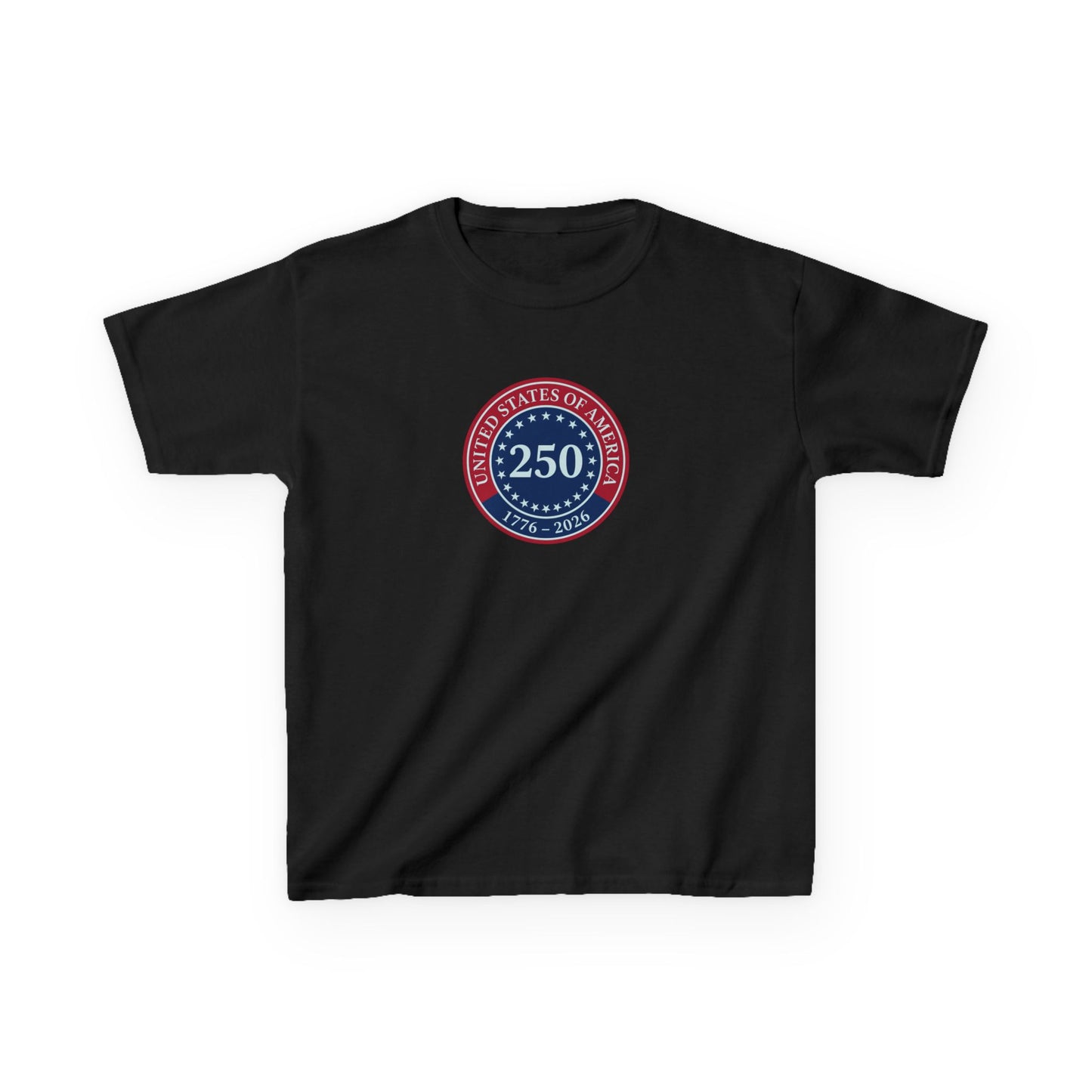 Black t-shirt with a red, white, and blue emblem on a white background
