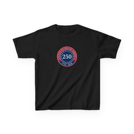 Black t-shirt with a red, white, and blue emblem on a white background