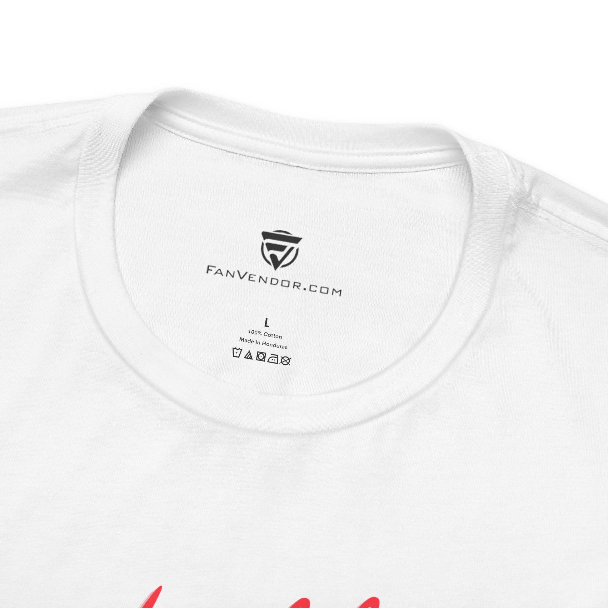 White t-shirt with 'FanVendor.com' logo and text on a white background