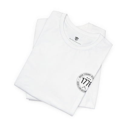 White t-shirt with a logo on a white background