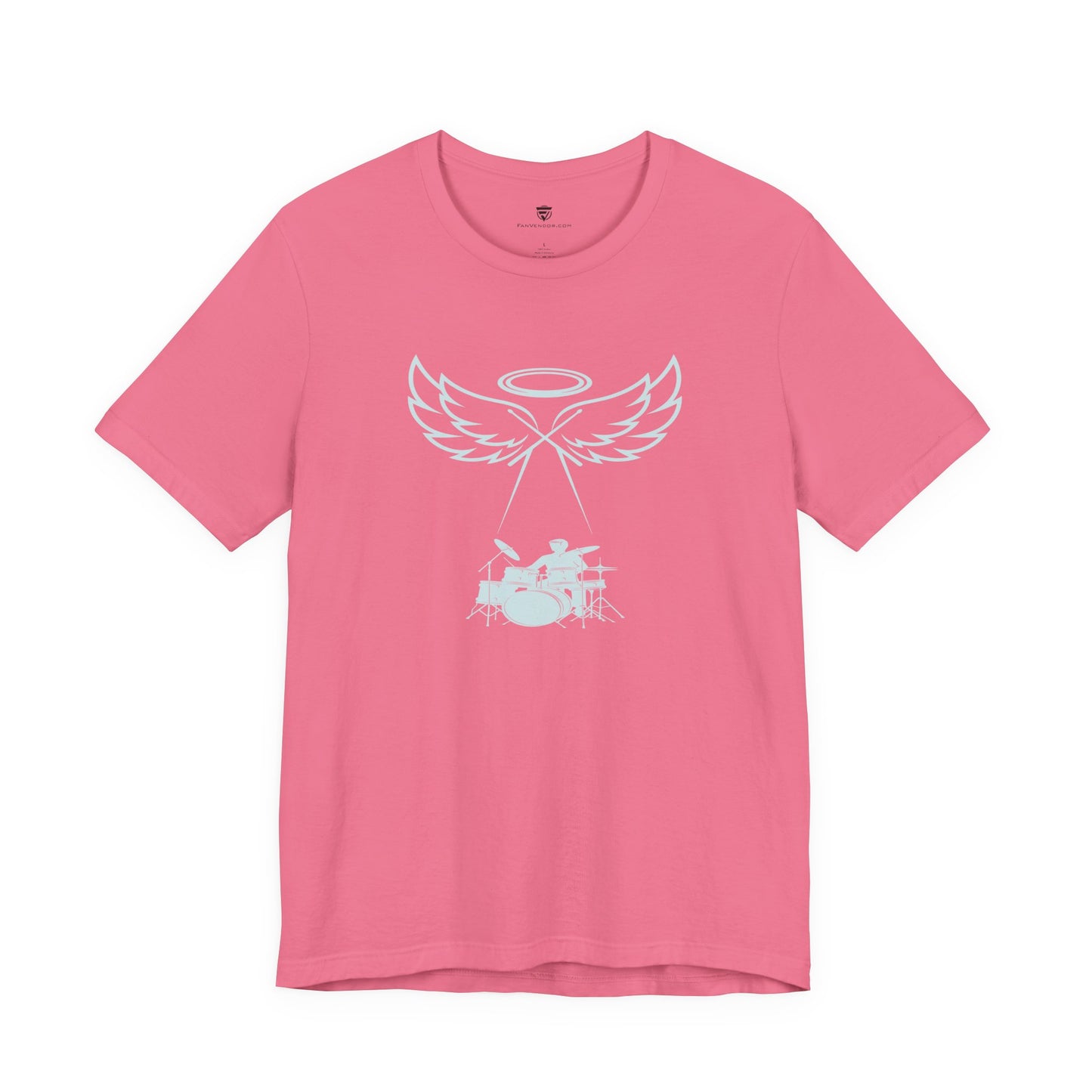 Pink t-shirt with a white graphic design on a white background