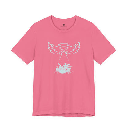 Pink t-shirt with a white graphic design on a white background