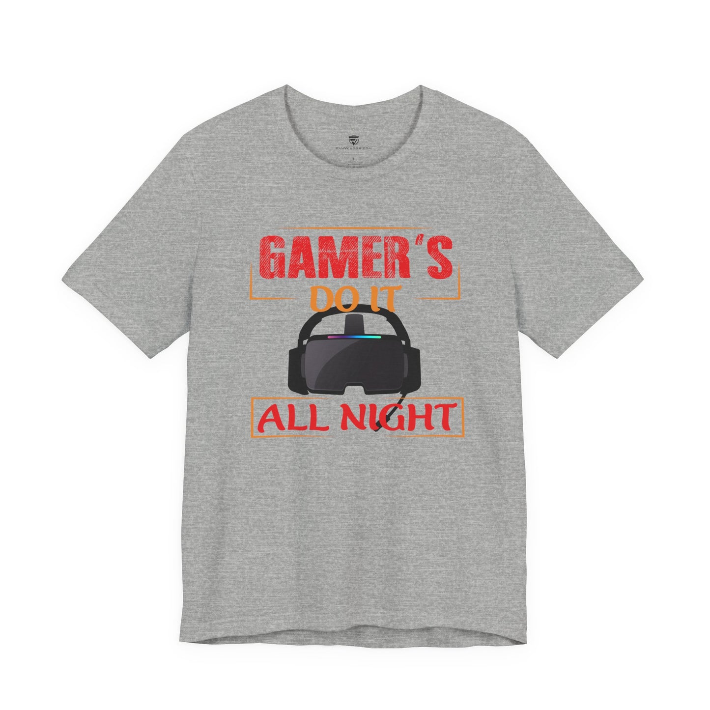 Gray t-shirt with gaming-themed text and graphics on a white background