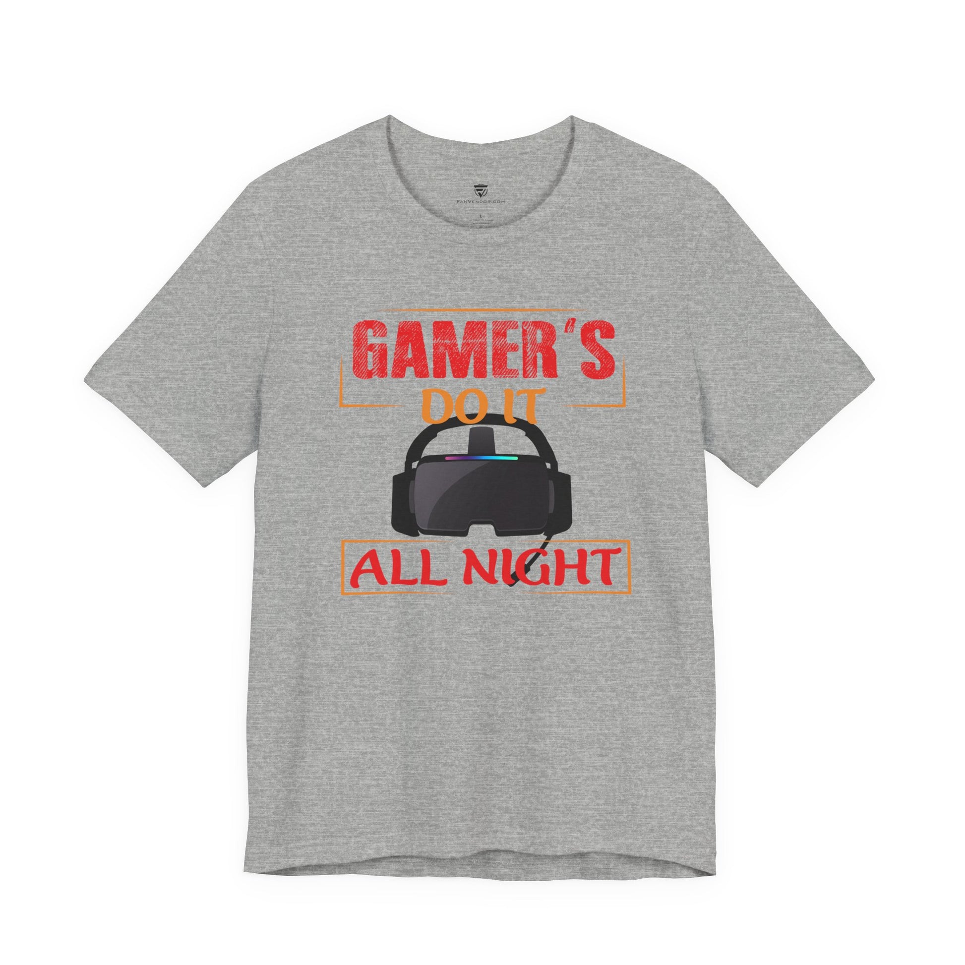 Gray t-shirt with gaming-themed text and graphics on a white background