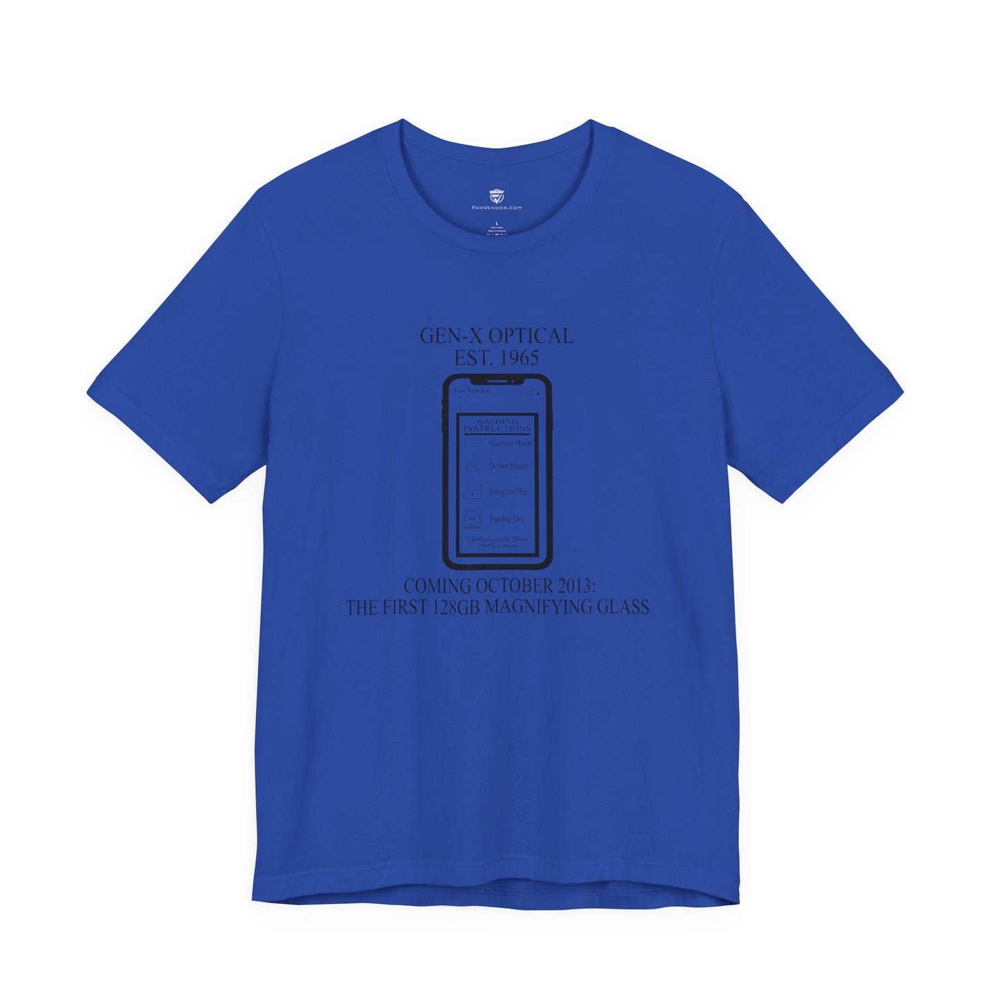 Blue t-shirt with a graphic and text on a white background