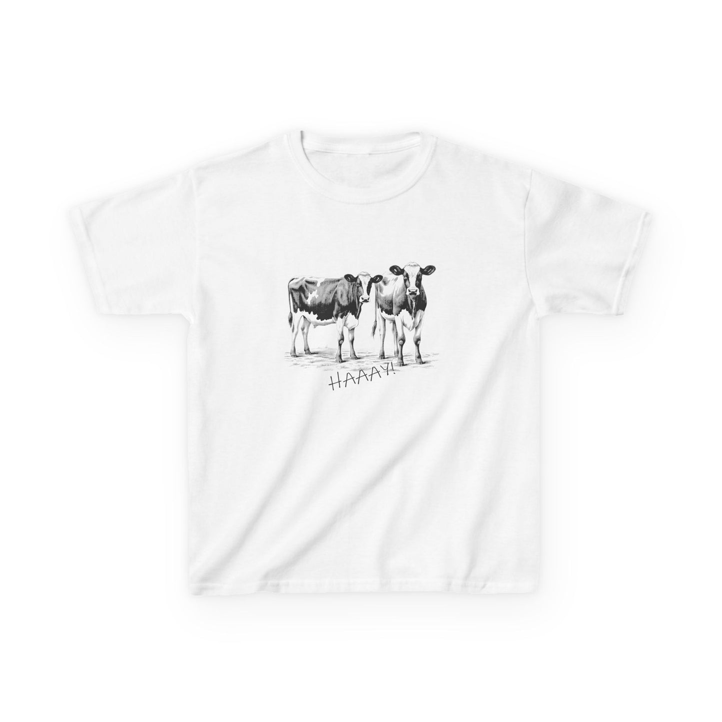 White t-shirt with black cow illustration and 'HAAAY' text on a white background