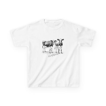 White t-shirt with black cow illustration and 'HAAAY' text on a white background