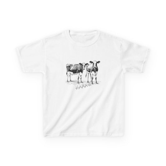 White t-shirt with black cow illustration and 'HAAAY' text on a white background