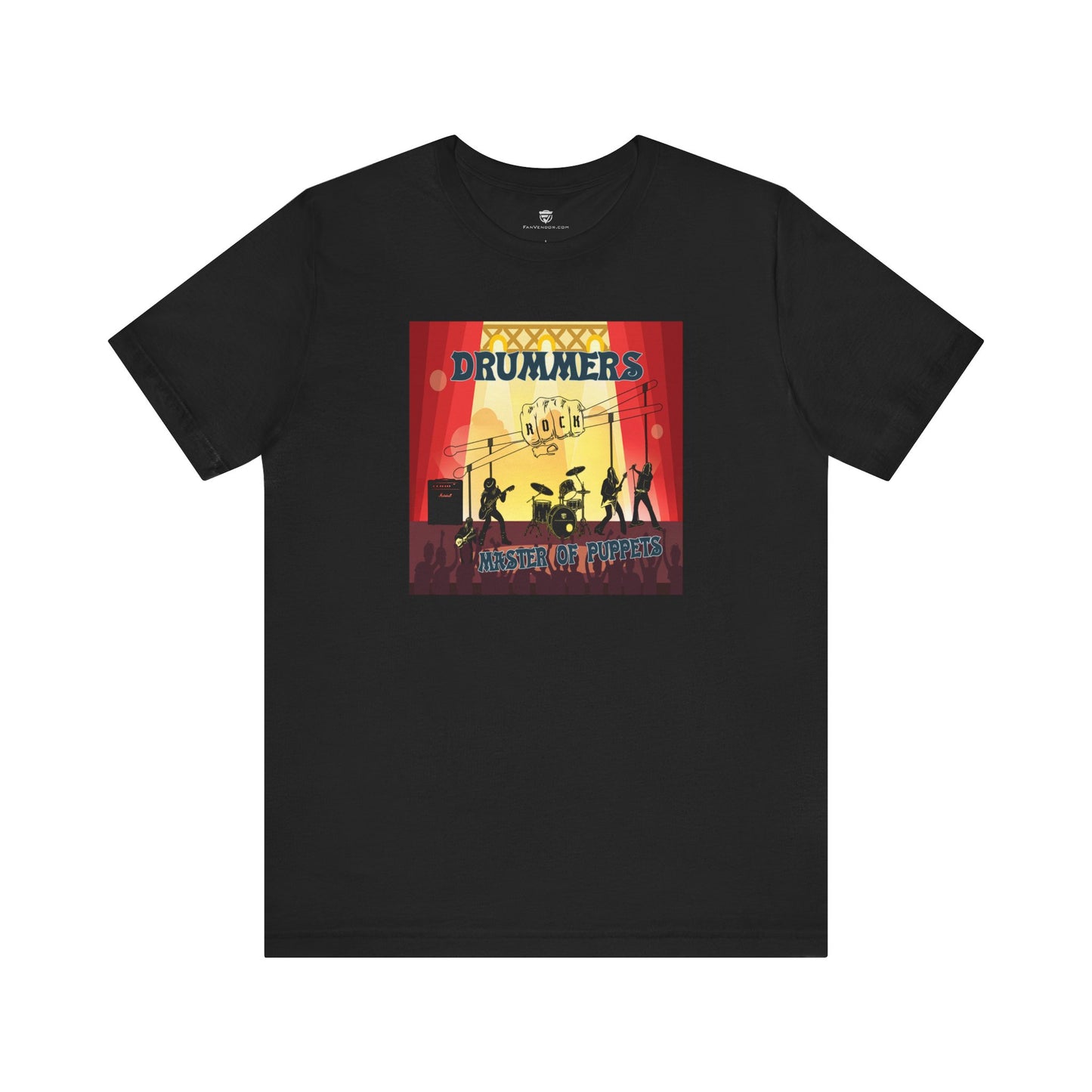 Black t-shirt with a colorful graphic of drummers on a white background