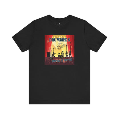 Black t-shirt with a colorful graphic of drummers on a white background