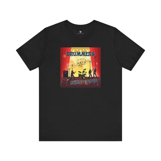 Black t-shirt with a colorful graphic of drummers on a white background