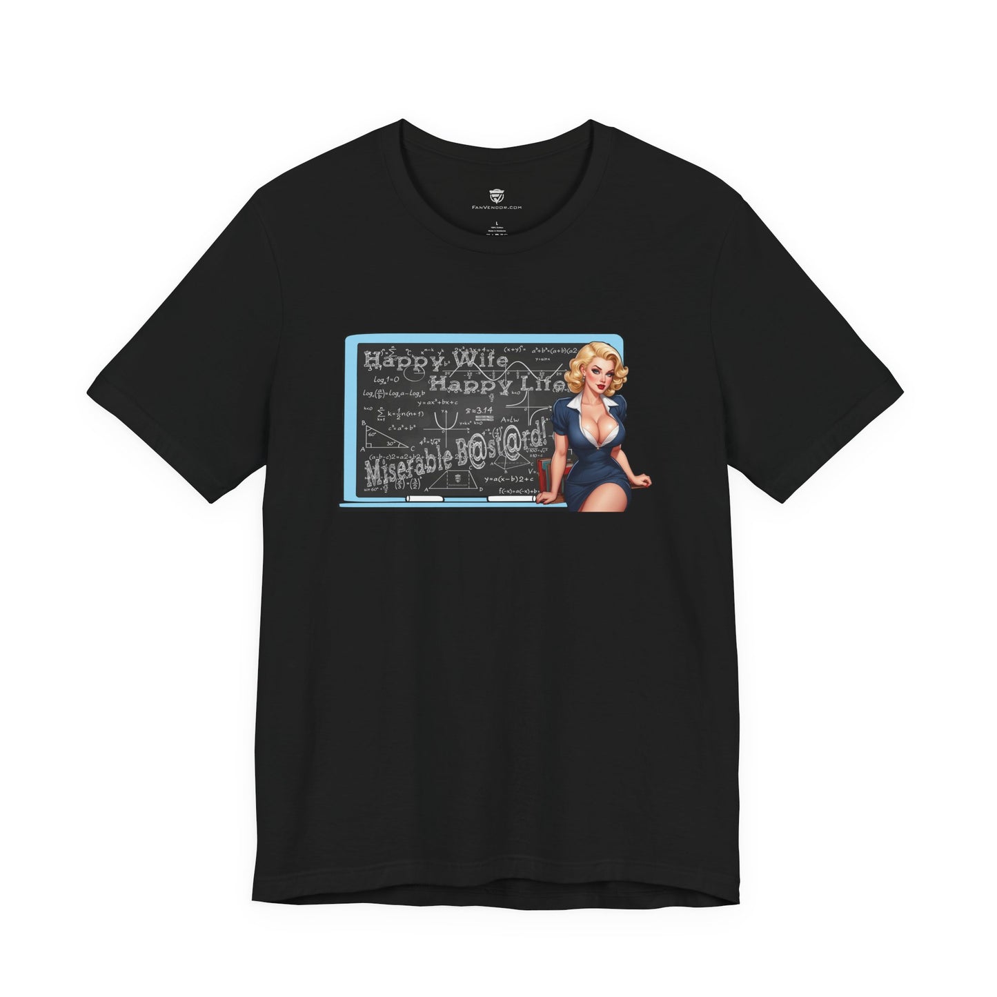 Black t-shirt with a graphic design featuring a woman in a blue dress on a white background