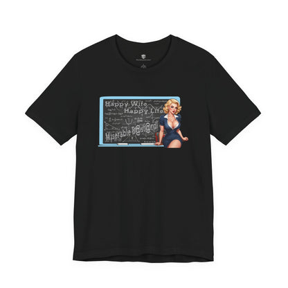 Black t-shirt with a graphic design featuring a woman in a blue dress on a white background
