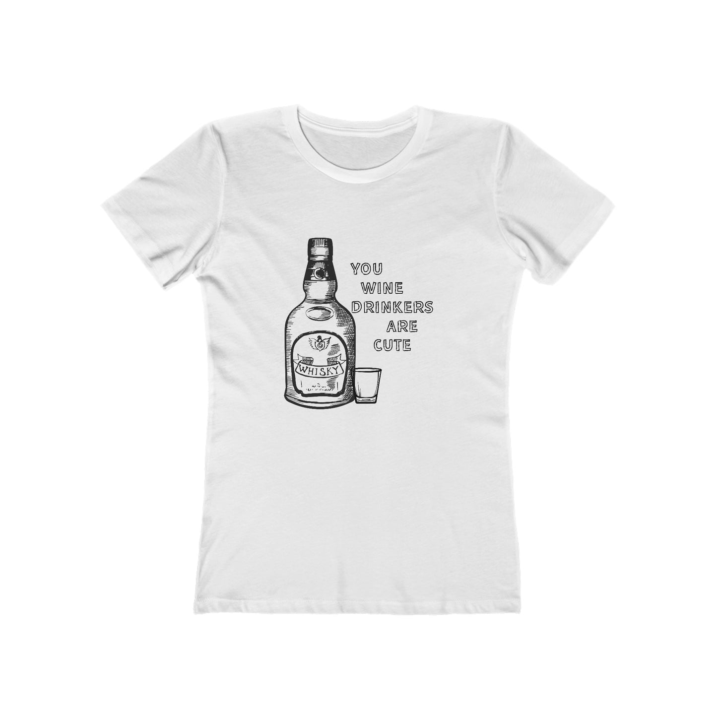 White t-shirt with a graphic of a bottle and text on a white background