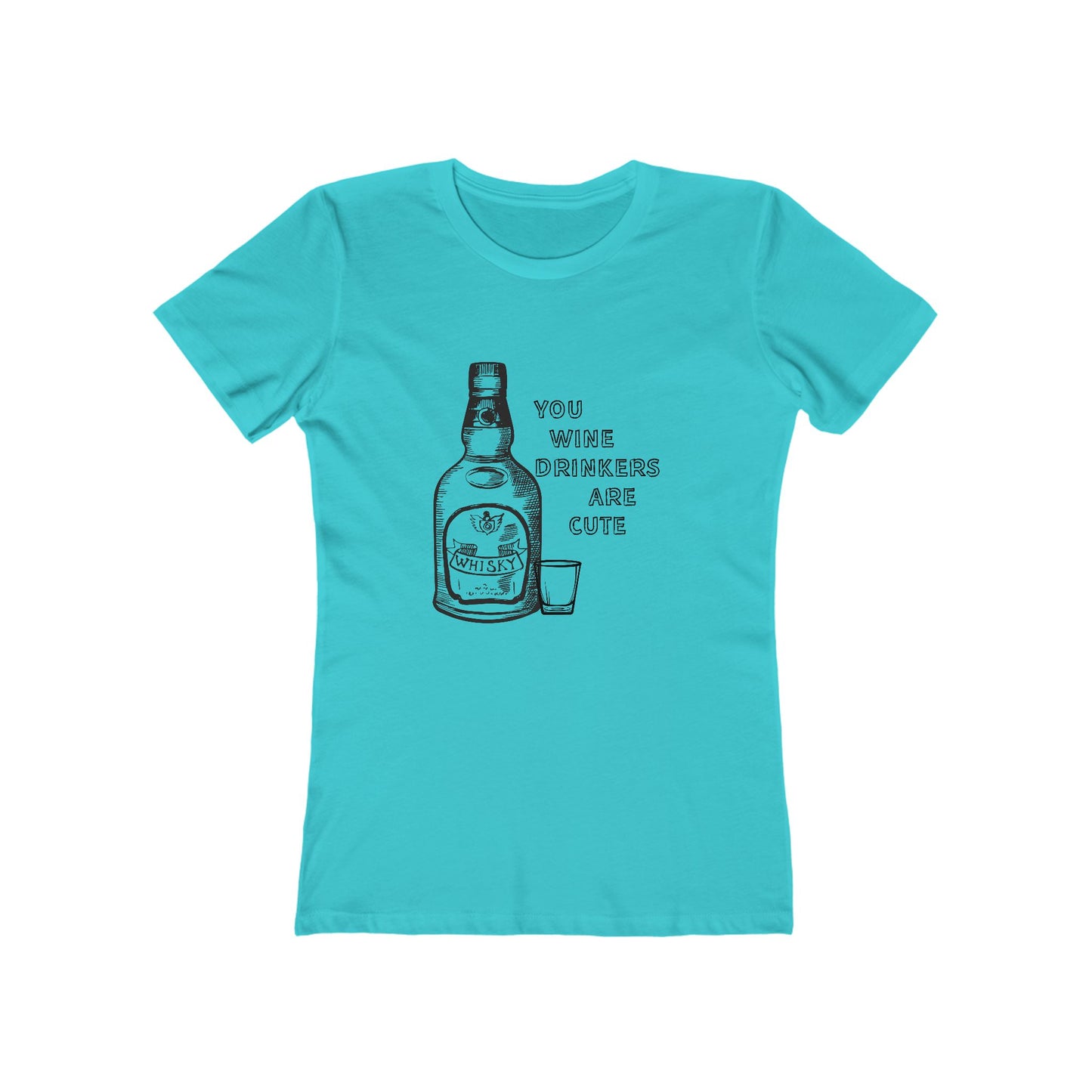 Turquoise t-shirt with a graphic of a bottle and text on a white background