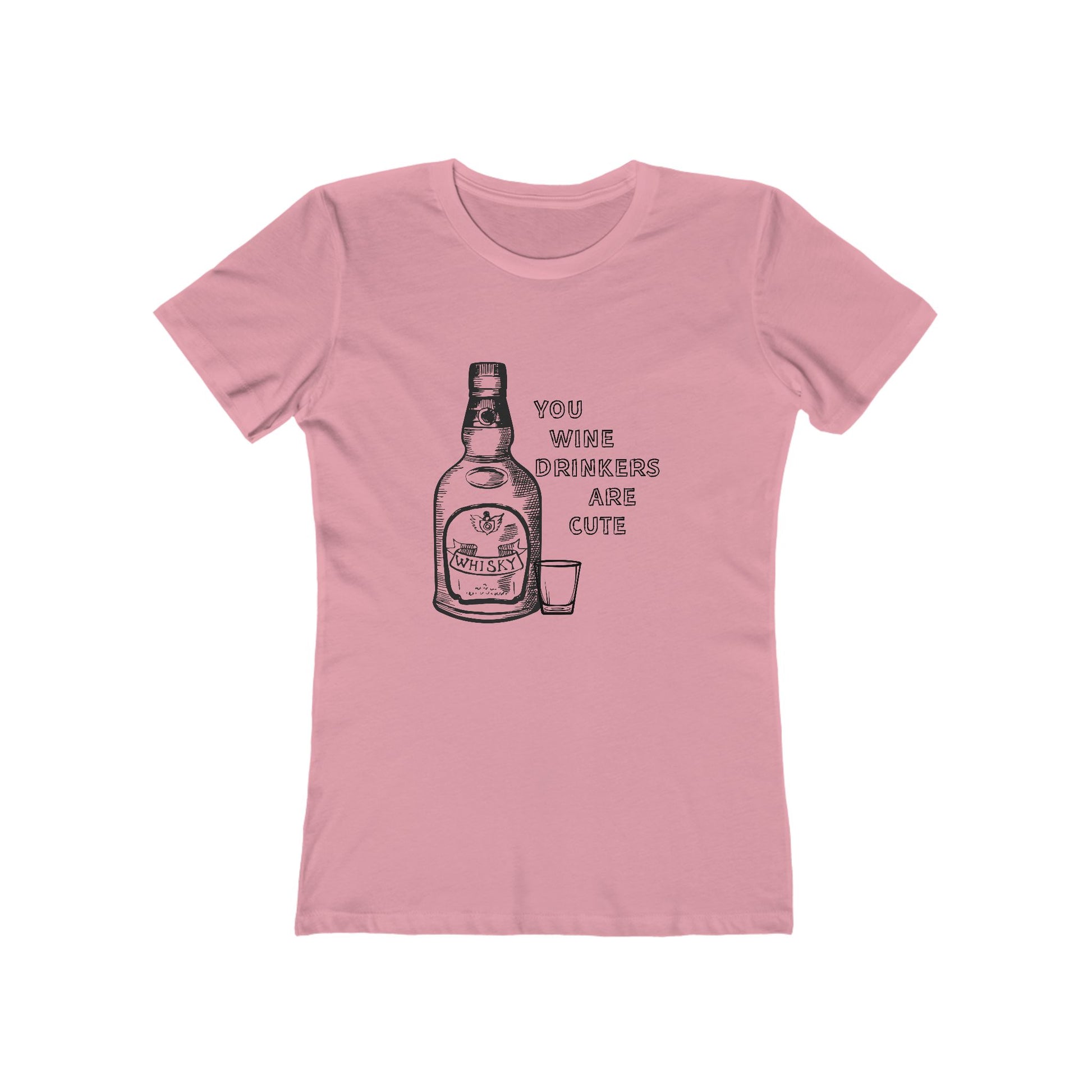 Pink t-shirt with a graphic of a bottle and text on a white background