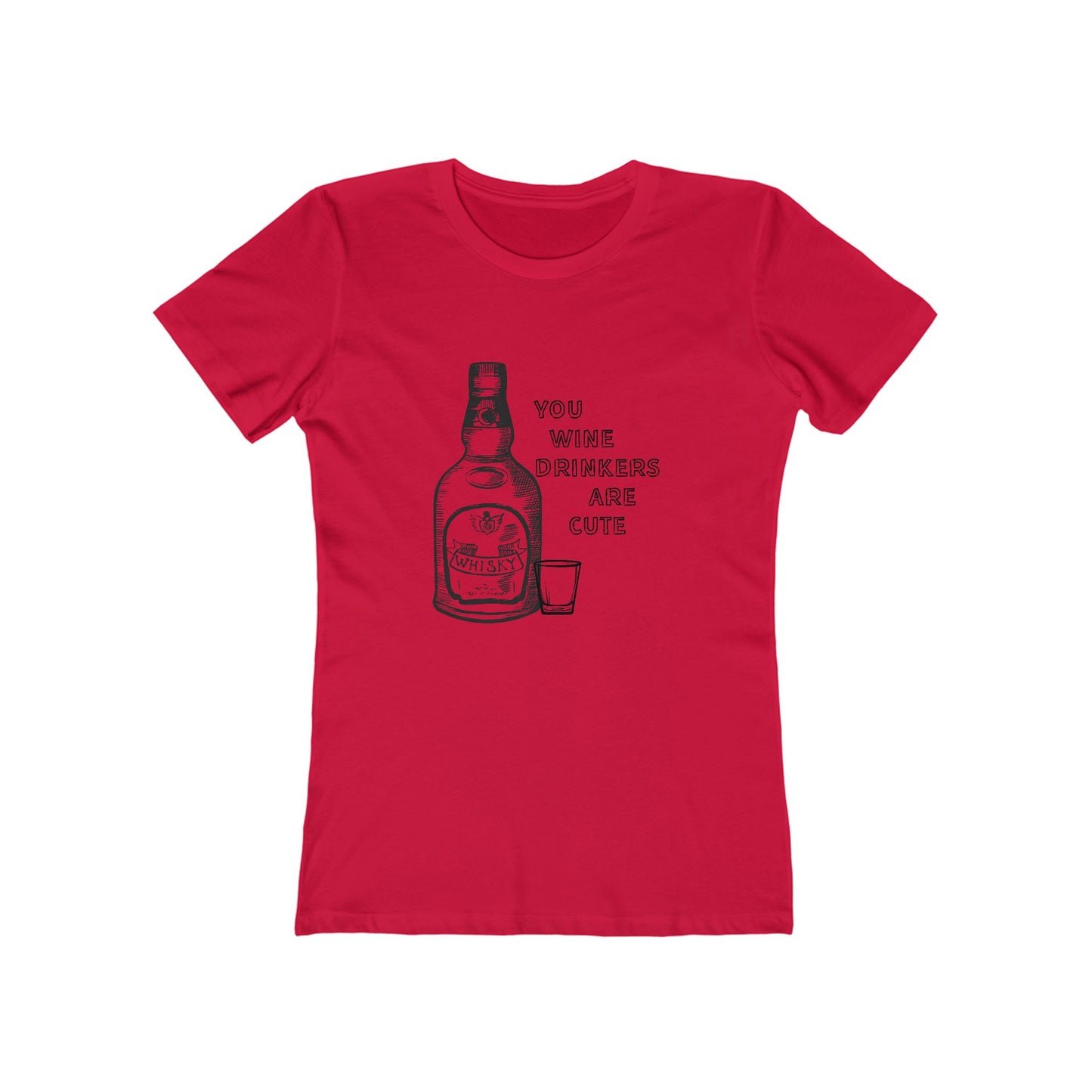 Red t-shirt with a graphic of a bottle and text on a white background