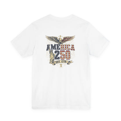 White t-shirt with 'America 250' graphic design featuring an eagle and liberty statue on a white background.