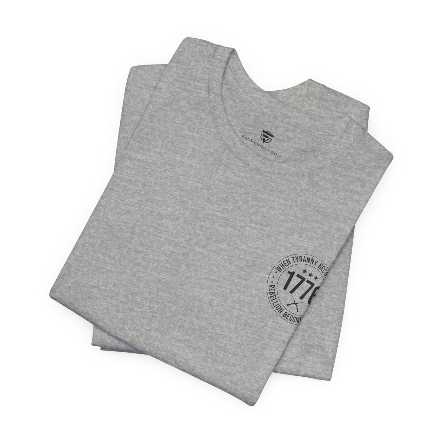 Folded gray t-shirt with '1776' text on a white background