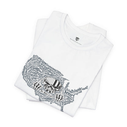 White t-shirt with black graphic design on a white background
