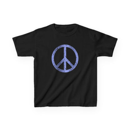 Black t-shirt with a blue peace symbol on a white background