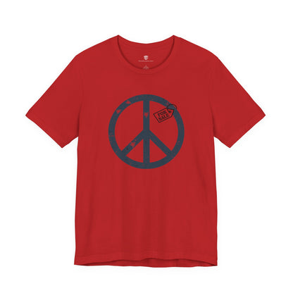 Red t-shirt with a peace symbol design on a white background