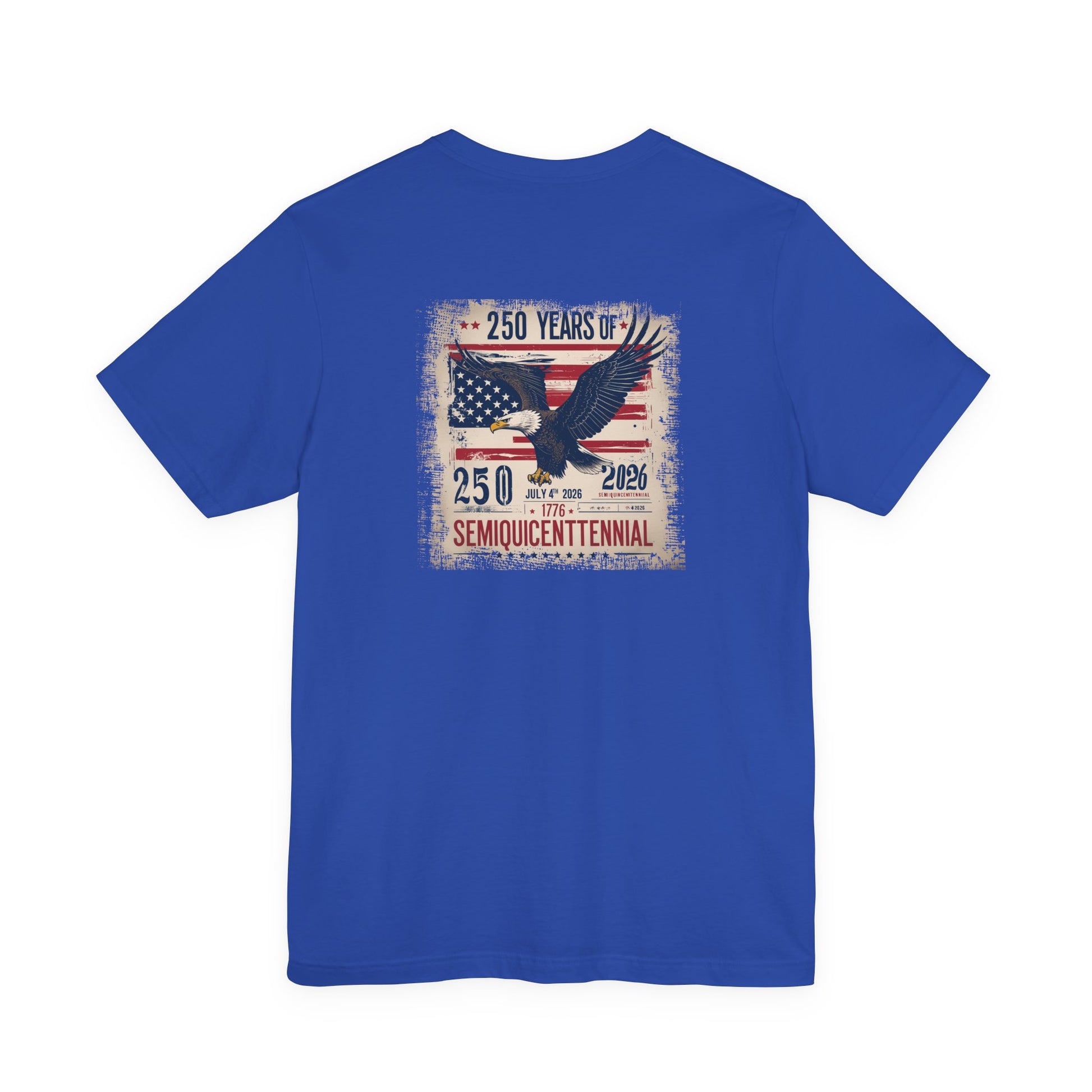 Blue t-shirt with American flag and eagle design on a white background