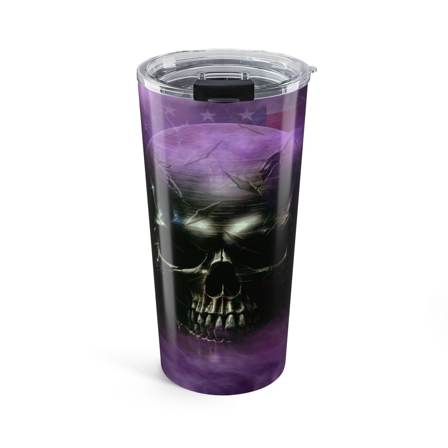 Tumbler with a skull design on a purple background