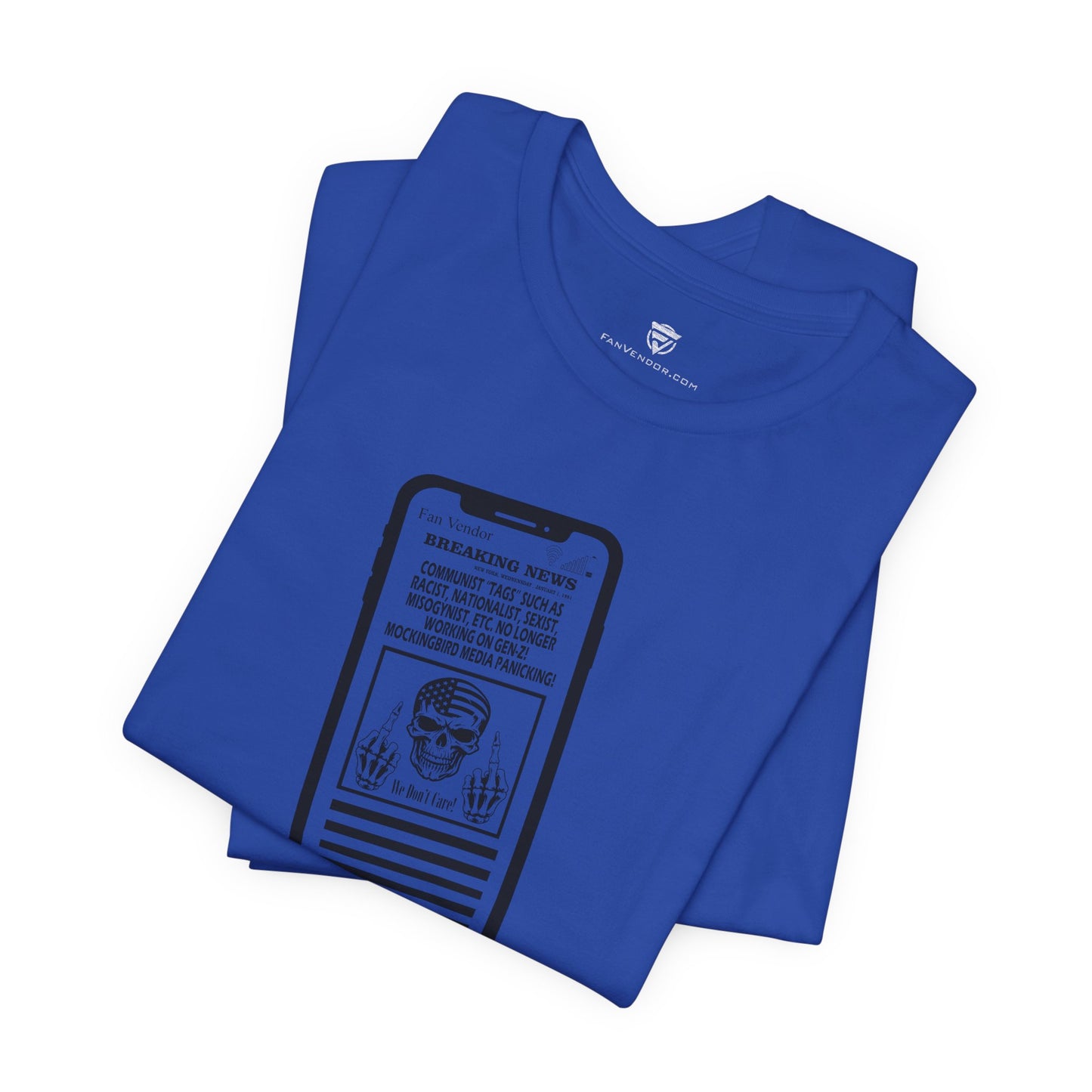 Blue t-shirt with a graphic design on a white background