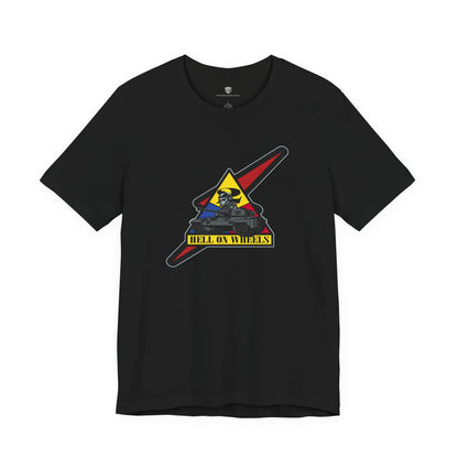 Black t-shirt with a colorful graphic design on a white background