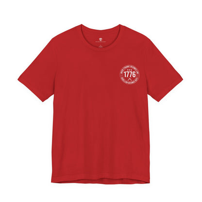 Red t-shirt with a logo on the chest against a white background