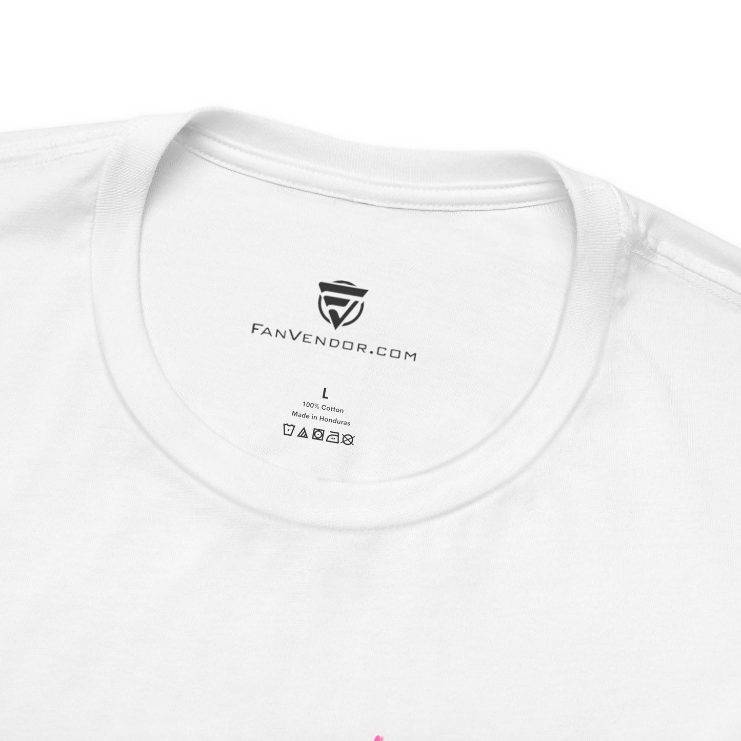 White t-shirt with 'FanVendor.com' logo and text on the collar.