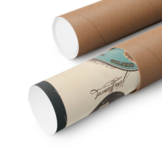 Two cardboard tubes with decorative labels on a white background