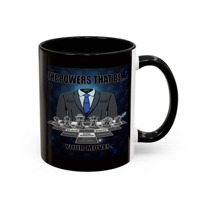 A black ceramic mug with a printed graphic of a suited figure and chess pieces, featuring the text