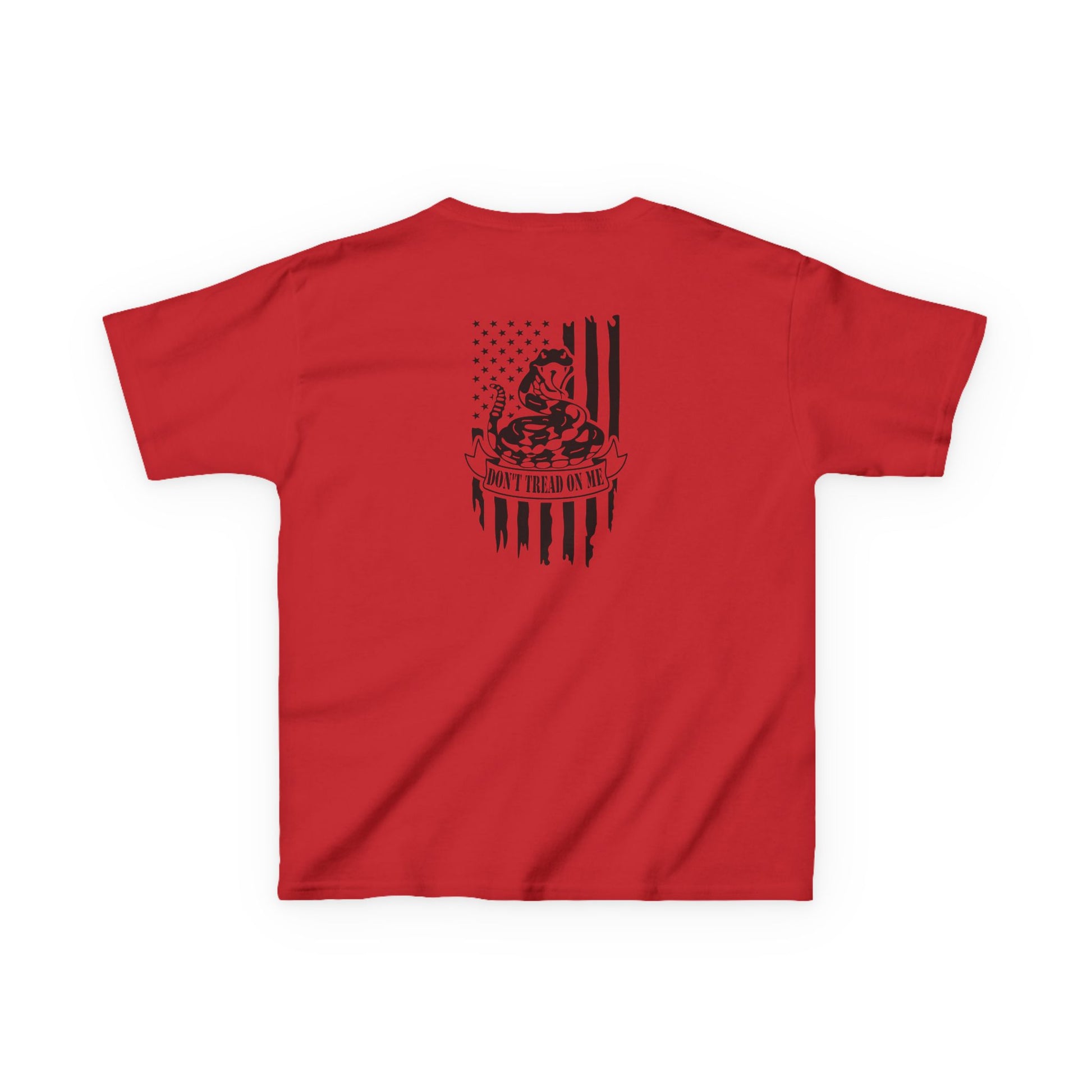 Red t-shirt with black graphic design on a white background