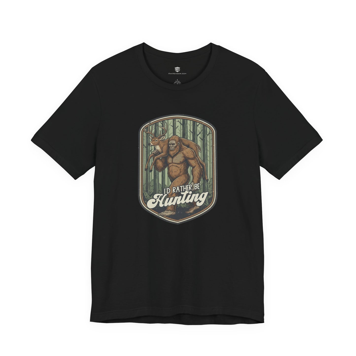 Black t-shirt with a graphic and text 'I'd Rather Be Hunting' 