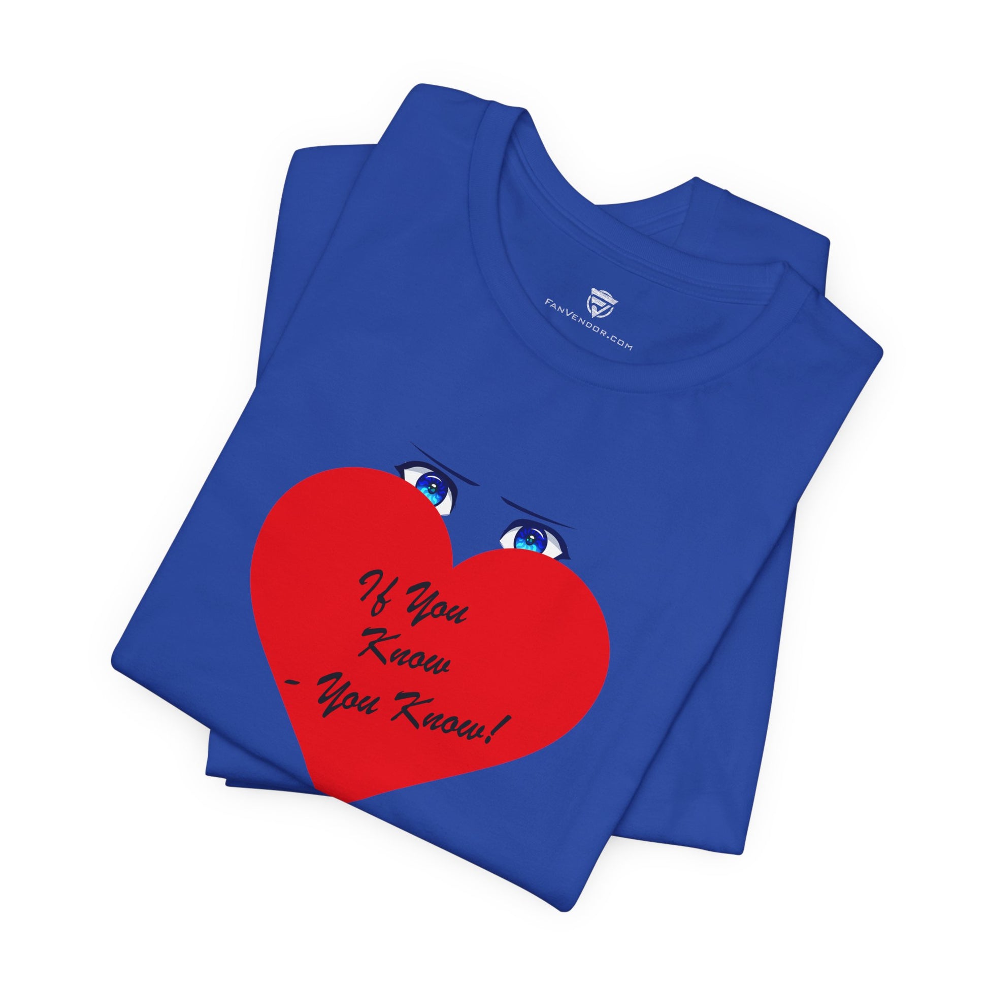 Blue t-shirt with a red heart graphic and text on a white background