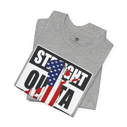 Gray t-shirt with 'Straight Outta' graphic design featuring an American flag on a white background