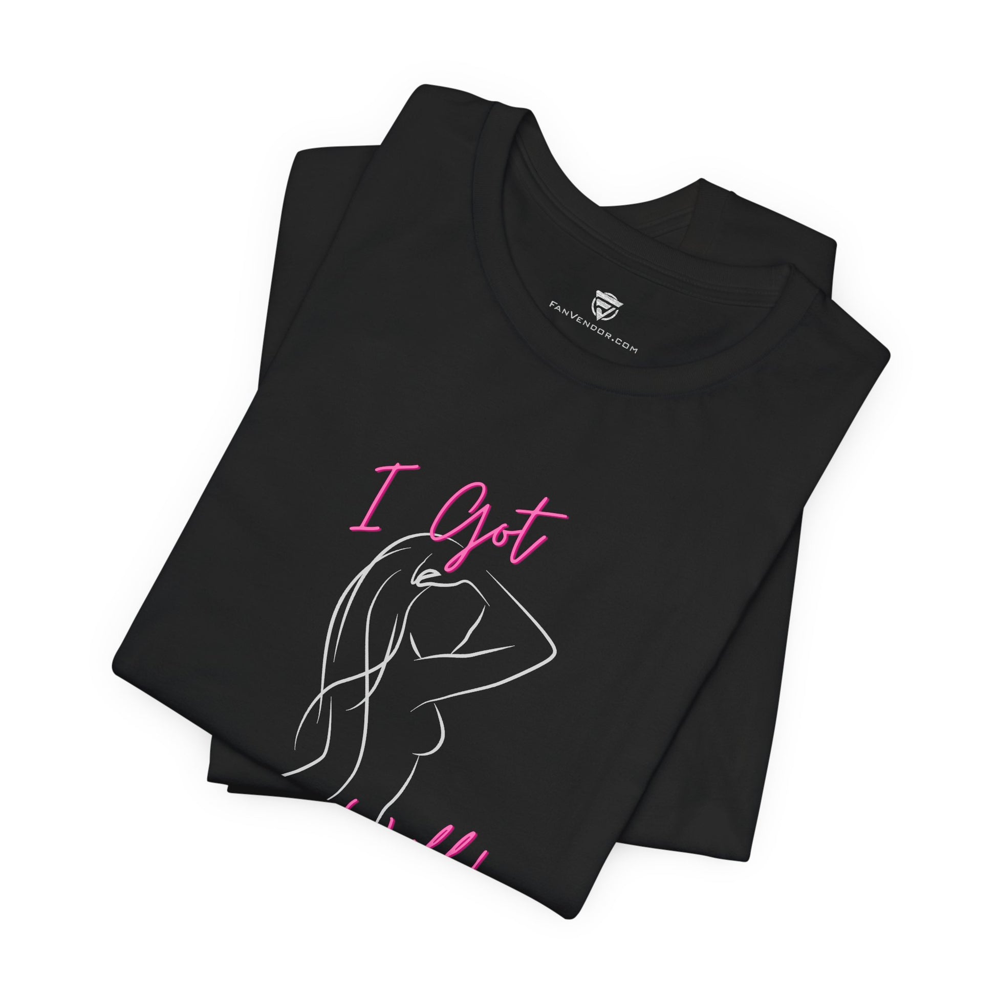 Black t-shirt with 'I Got' text and graphic design on a white background